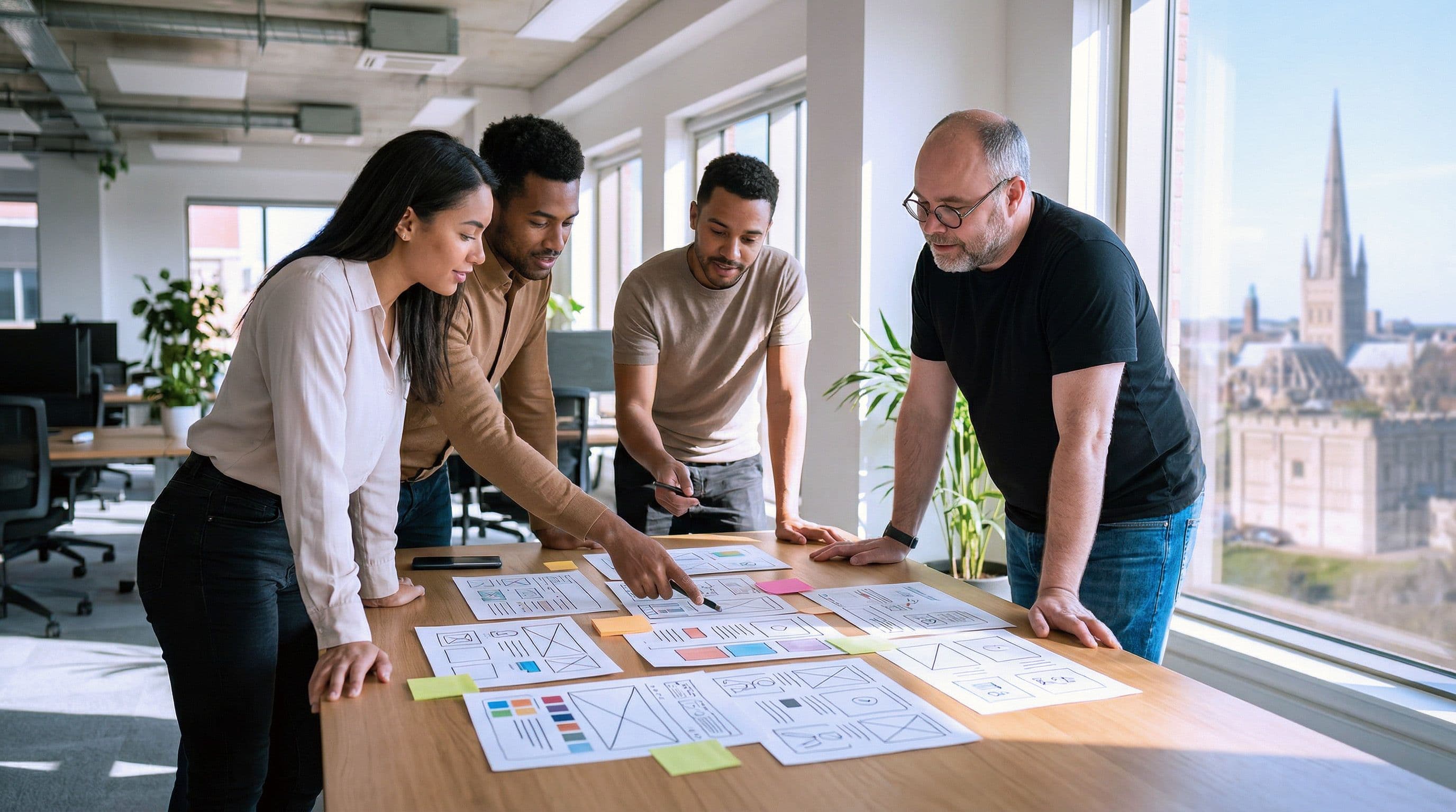 A photo of James standing at a table with three clients. They are discussing some wireframe drawings that are spread on the table.