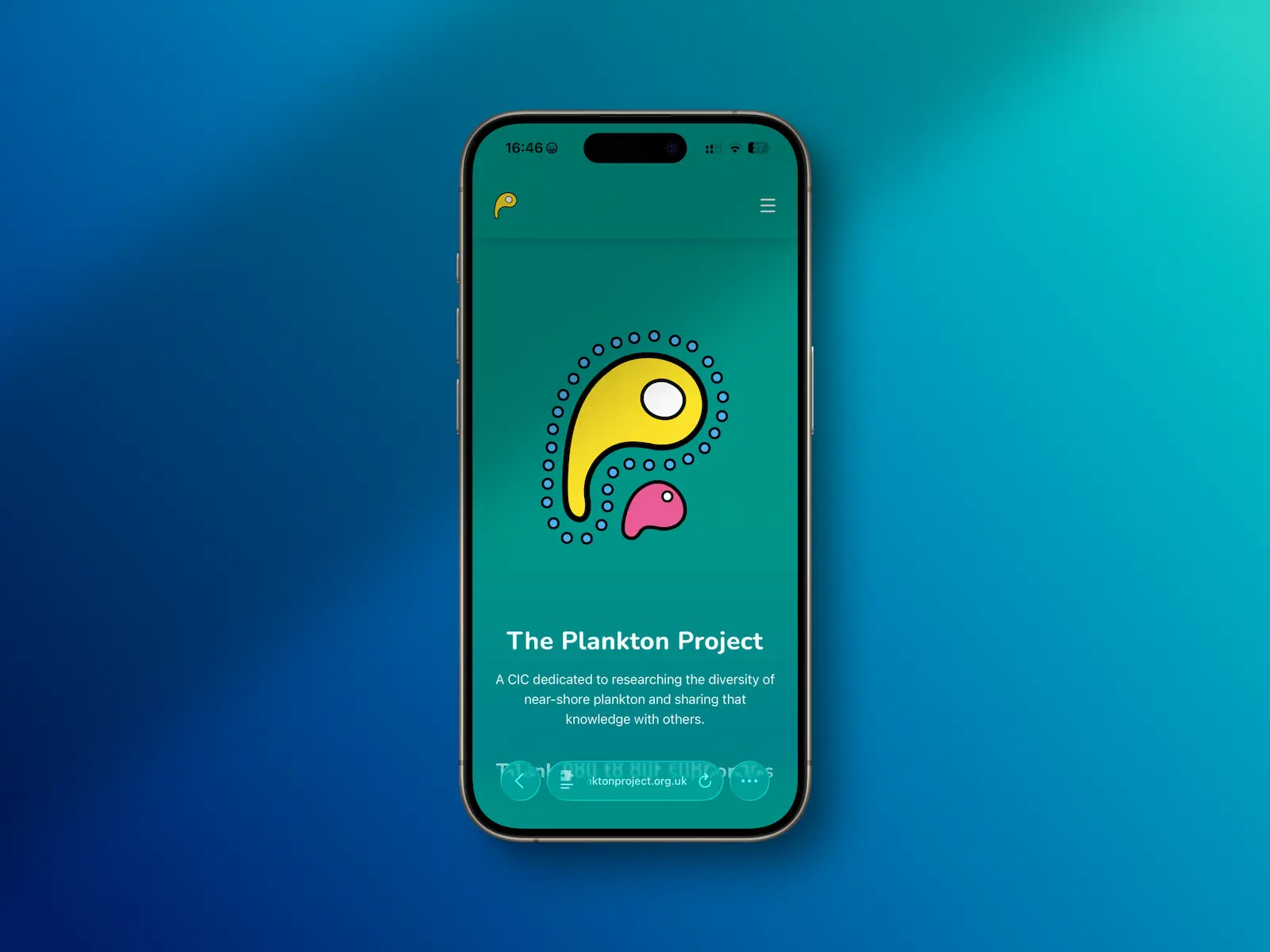 An image of the front page of the Plankton Project website on an iPhone 15 Pro, showing the logo, navigation and a hero animation.