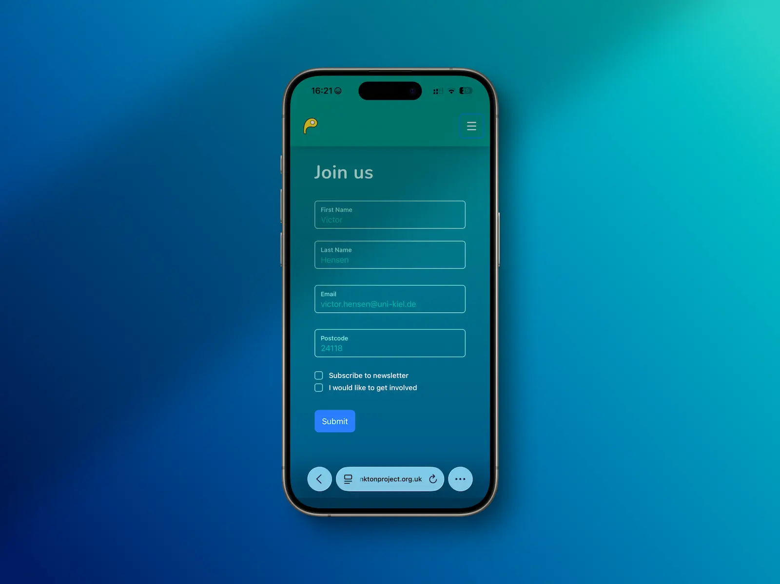 An image of the contact form on the Plankton Project website on an iPhone 15 Pro, showing the form fields and submit button.